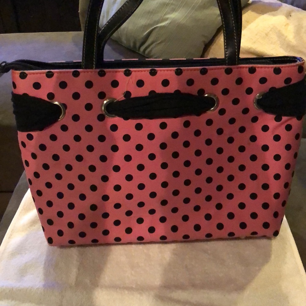 Pink and black polka dot handbag/ small tote - Picture 3 of 6